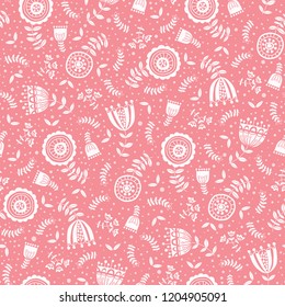 Folk White Flowers on Pink Background Vector Seamless Pattern. Florals Texture. Hand-drawn blooms, doodle flora