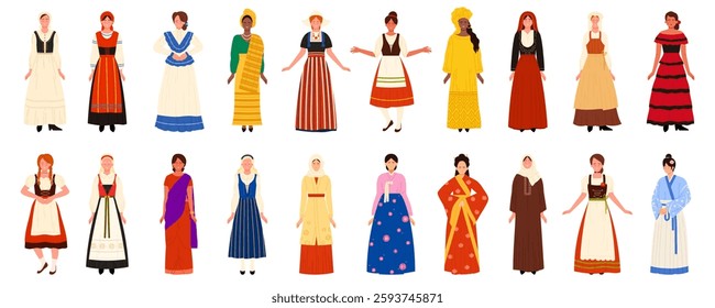 Folk woman in ethnic traditional different dress set. Girls wearing history costumes of Norway and Finland, Switzerland and Bavaria of Germany, Saudi Arabia and South Korea cartoon vector illustration