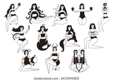 Folk women zodiac sign set illustration. Astrology Mystic character vector stylized illustration in natural color