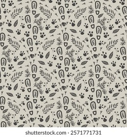 Folk woodland seamless pattern. Forest endless background. Scandinavian monochrome repeat cover. Surface pattern design footprint motif. Vector hand drawn illustration.