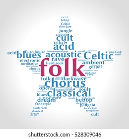 Folk. Word cloud, five-pointed star, gradient grey background. Music concept.	