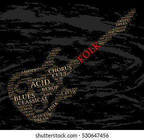 Folk. Word cloud, guitar, grunge background. Music concept.