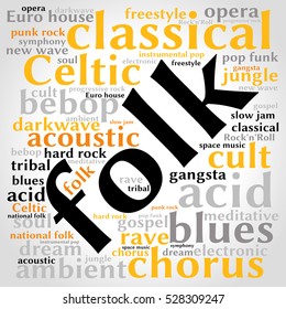 Folk. Word cloud, square, gradient grey background. Music concept.	