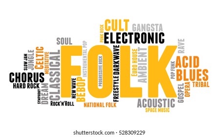 Folk. Word cloud, type font, white background. Music concept.