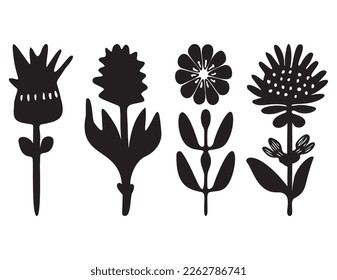 Folkart flower vector illustration set . Botanical kids scandi garden botanicals collection. 