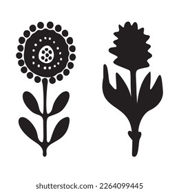 Folkart flower vector illustration set . Botanical kids scandi garden botanicals collection. 