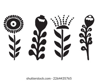 Folkart flower vector illustration set . Botanical kids scandi garden botanicals collection. 