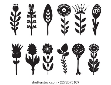 Folkart flower vector illustration set . Botanical kids scandi garden botanicals collection. 