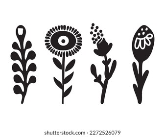 Folkart flower vector illustration set . Botanical kids scandi garden botanicals collection. 