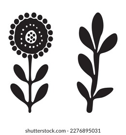 Folkart flower vector illustration set . Botanical kids scandi garden botanicals collection. 