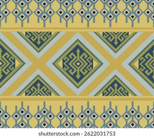 Folk-Inspired Ethnic Pattern with Symbolic Motifs, A rich cultural design combining diamond symbols and ancient tribal marks, accented with stylized candlestick-like motifs. Perfect for fabric, access