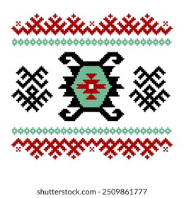 A folk-inspired geometric pattern with central black and red motifs on green, accented by red and green borders, showcasing traditional cross-stitch design.
