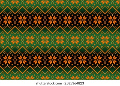 Folk-inspired pixel art pattern in green, black, and orange. Features symmetrical floral motifs and geometric elements. Great for textile prints, home decor, bohemian crafts, and digital backgrounds.