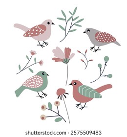 A folk-inspired set of birds and flowers. Spring motifs in the decoration. Vector illustration.