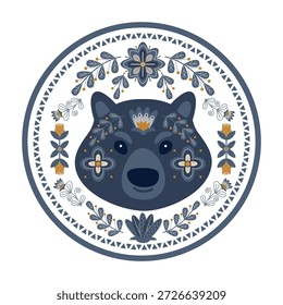 Cabeza de oso de estilo de arte folclórico con intrincados patrones florales en un diseño circular. Esta Ilustración vectorial presenta Elementos decorativos detallados, perfectos para proyectos culturales y temáticos de naturaleza.