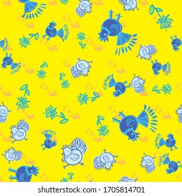 folklore chicken flower seamless repeat pattern. Perfect for Easter, textile and kids