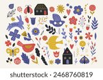 Folklore collection - houses, birds, rabbit, blooming flowers, leaves, berries, hearts, butterflies, moths in Red, Yellow, Violet, Black. Perfect for seasonal greetings. Vector illustration