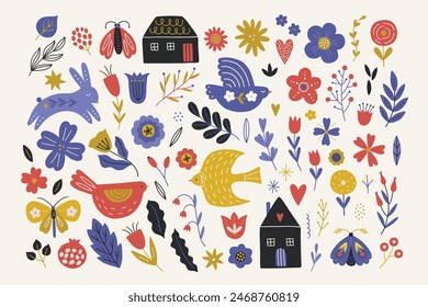 Folklore collection - houses, birds, rabbit, blooming flowers, leaves, berries, hearts, butterflies, moths in Red, Yellow, Violet, Black. Perfect for seasonal greetings. Vector illustration