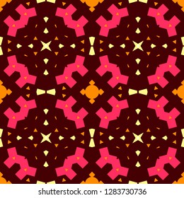 Folklore contrast seamless pattern. Boho style. Orange, yellow, pink, elements; Brown background. Tribal ethnic vector texture.