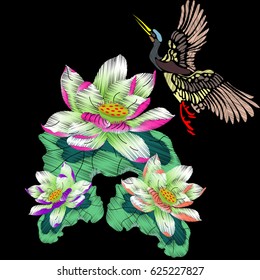 Folklore ethnic embroidery from water lily and Chinese cranes. A line of neck, bags, textiles for your design. Vector illustration.
