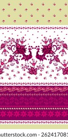Folclore aves fadas, bagas, folhas e flores pequenas borda horizontal sem costura. Bela impressão vintage para toalha, cortina, tecido em estilo étnico.