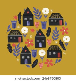 Folklore floral greeting card with houses and flowers on yellow background. Circle ornament in scandinavian style. Perfect for spring and summer holidays