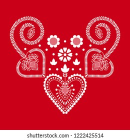 Folklore floral Nordic Scandinavian pattern vector. Ethnic heart ornament with flowers. Finnish, Swedish and Norwegian embroidery style holiday decoration. Illustration design for Valentine Day. 