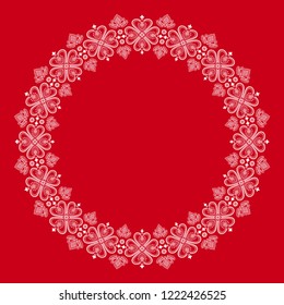 Folklore floral Nordic Scandinavian pattern vector frame. Ethnic snowflake border ornament vignette. Danish, Swedish and Norwegian embroidery style holiday decoration design.