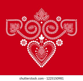 Folklore floral Nordic Scandinavian pattern vector. Ethnic ornament with hearts and flowers. Design for clothing neckline embroidery, holiday card or party poster decoration.