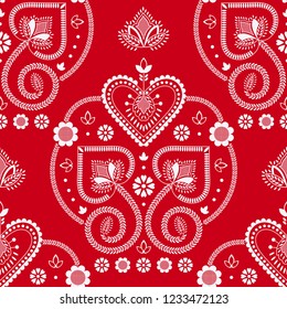 Folklore floral Nordic Scandinavian pattern vector seamless. Ethnic ornament white red background. Design for holiday fabric, gift wrapping paper, decoration print, party invitation backdrop.