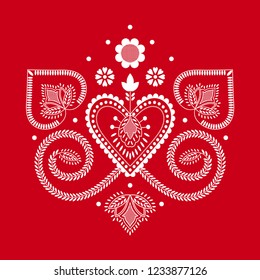 Folklore floral Nordic Scandinavian pattern vector. Ethnic ornament with hearts and flowers. Folk art design for clothing print, holiday card or party poster decoration.