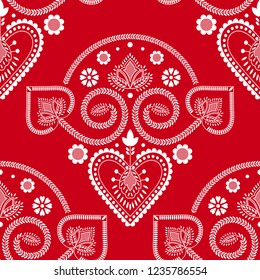 Folklore floral Nordic Scandinavian pattern vector seamless. Ethnic ornament with hearts and flowers. Embroidery design for holiday fabric, gift wrapping paper, party invitation background.