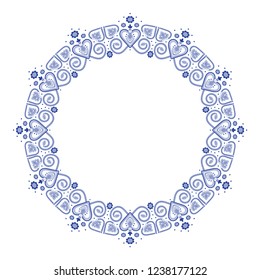 Folklore floral Nordic Scandinavian pattern vector frame. Border ethnic blue and white ornament with hearts and flowers. Round design for winter party invitation, holiday card, season sale banner.