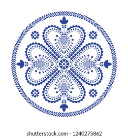 Folklore floral Nordic Scandinavian pattern vector. Winter snowflake. Round ethnic blue and white ornament with hearts and flowers. Design for party holiday card, embroidery clothing print.