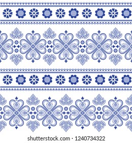 Folklore floral Nordic Scandinavian pattern vector seamless. Ethnic blue and white ornament background with flowers and hearts. Swedish, Finnish and Norwegian sweater style holiday decoration design.