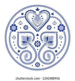 Folklore floral Nordic Scandinavian pattern vector. Round ethnic blue and white ornament with hearts and flowers. Design for winter party, snowflake, holiday card, embroidery clothing print.