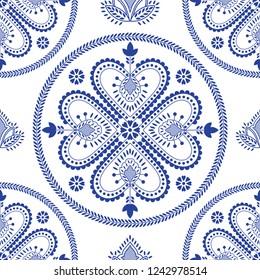 Folklore floral Nordic Scandinavian pattern vector seamless. Ethnic blue and white ornament background. Finnish, Swedish and Norwegian embroidery style holiday decoration design.