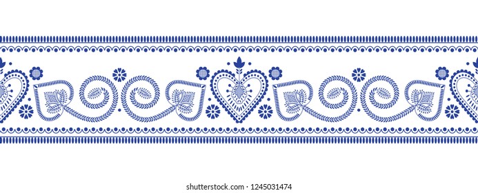 Folklore floral Nordic Scandinavian pattern vector seamless border. Ethnic blue and white ornament ribbon print with flowers and hearts. Finnish, Swedish and Norwegian style holiday decoration design.