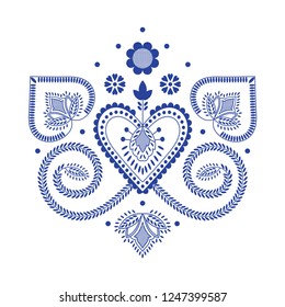 Folklore floral Nordic Scandinavian pattern vector. Ethnic blue and white ornament with hearts and flowers. Vintage design element for holiday card, embroidery clothing print, party invitation.