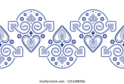 Folklore floral Nordic Scandinavian pattern vector seamless border. Ethnic blue and white ornament print with hearts and flowers. Finnish, Swedish and Norwegian style holiday decoration design.