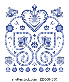 Folklore floral Nordic Scandinavian pattern vector. Rectangular ethnic blue and white ornament with hearts and flowers. Floral design for holiday card, clothing print, party poster decoration.