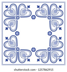 Folklore floral Nordic Scandinavian pattern vector frame. Ethnic blue and white ornament with flowers and hearts. Floral design for holiday card, season sale banner, winter party invitation.