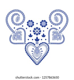 Folklore floral Nordic Scandinavian pattern vector. Ethnic blue and white ornament with hearts and flowers. Design for holiday card, embroidery clothing neckline print, party decoration.