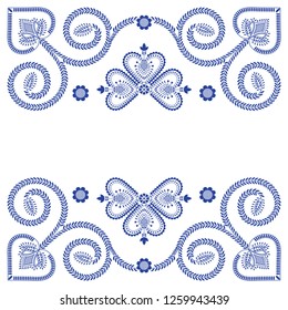 Folklore floral Nordic Scandinavian pattern vector frame. Ethnic blue and white ornament with flowers and hearts. Border design for season sale banner, holiday card, winter party invitation.