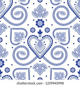 Folklore floral Nordic Scandinavian pattern vector seamless. Ethnic blue and white ornament background. Design for gift wrapping paper, holiday tablecloth fabric, party decoration or napkin print.