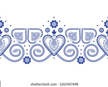 Folklore floral Nordic Scandinavian pattern vector seamless border. Ethnic blue and white ornament ribbon print with heart and flowers. Swedish, Finnish and Norwegian style holiday decoration design.