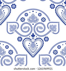 Folklore floral Nordic Scandinavian pattern vector seamless. Ethnic blue and white ornament background with hearts and flowers. Finnish, Swedish and Norwegian style holiday decoration design.