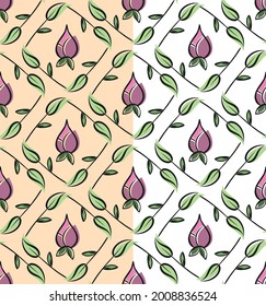 Folklore floral squared seamless pattern. Hand drawn decorative ink brush line, leaf, flower elements colored in green, lilac palette. White, cream editable background. Vector 
