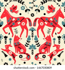 Folklore horses pattern scandinavian style design