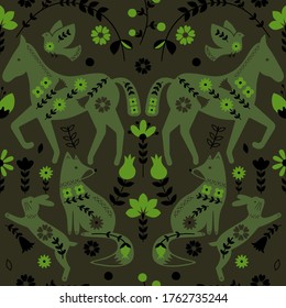 Folklore horses pattern scandinavian style seamless design illustration